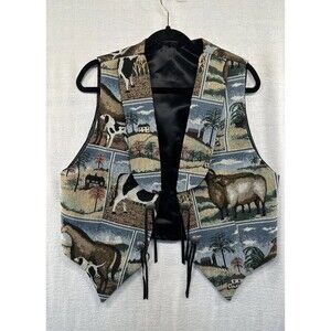 Dion Farmland Tapestry Vest Sz M Texas Buffalo Buttons Lapels Country Retro USA